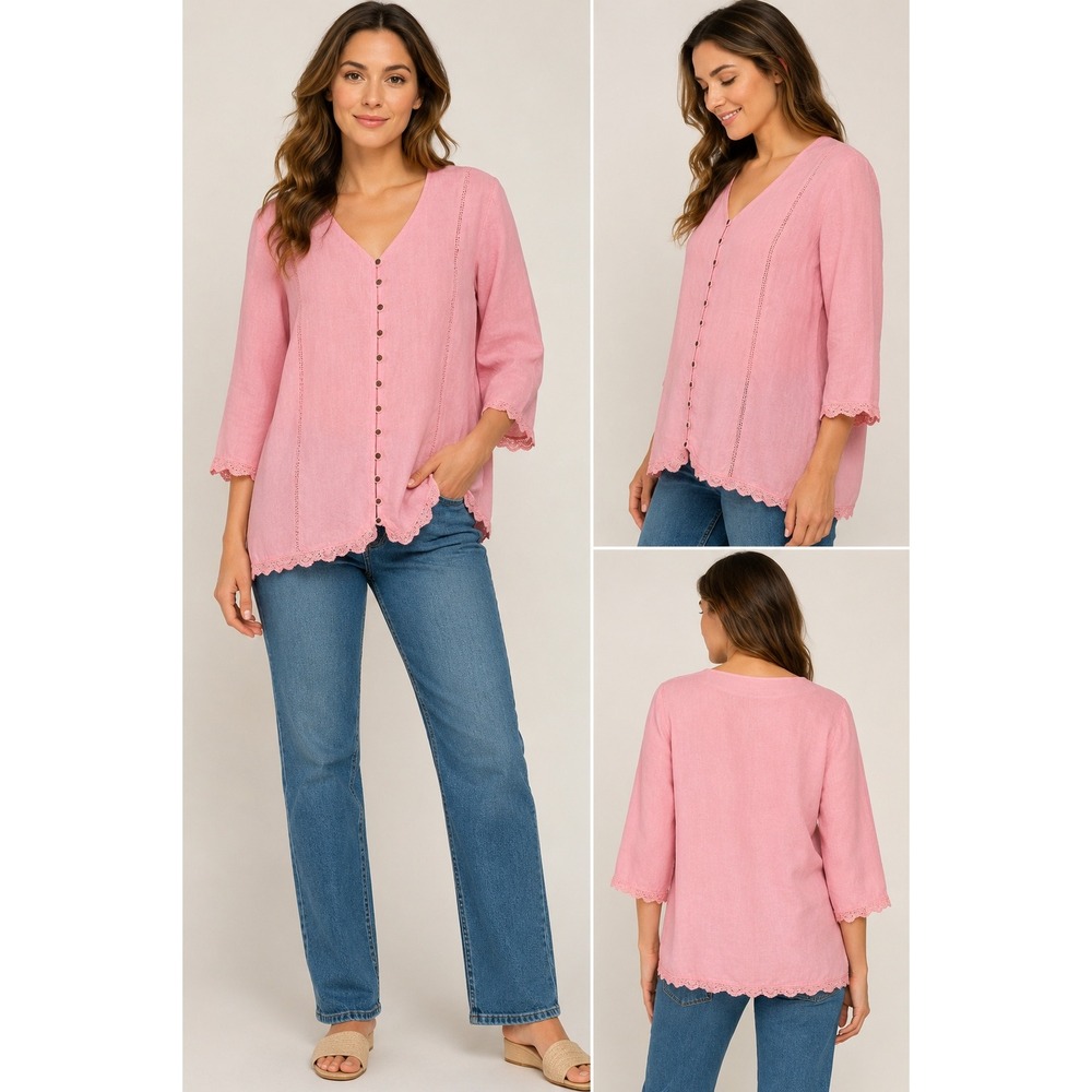 Civilian Pink Cotton Flax Lace Trim Button Front 3/4 Sleeve Blouse Top Size 18